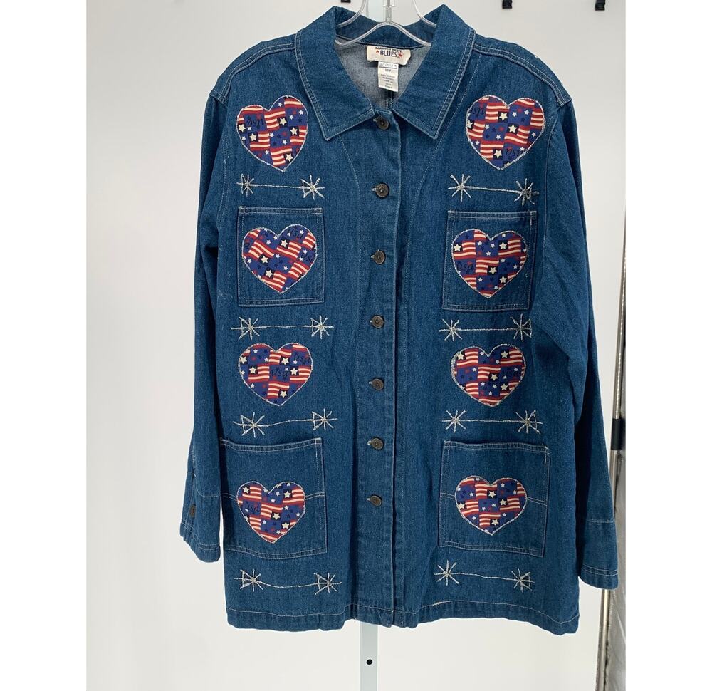 vintage 90s denim shacket Americana flag hearts stars Mainstreet Blues women 18W